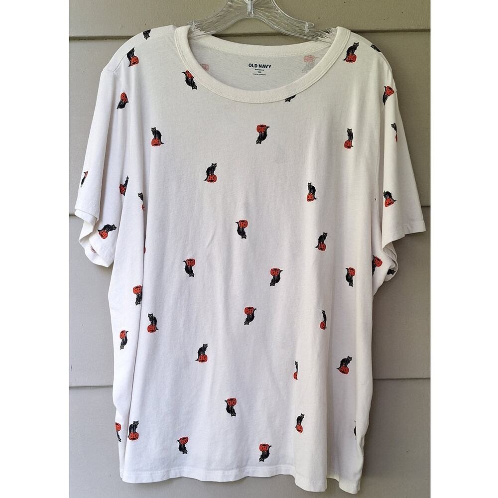 Old Navy Women's Halloween Black Cat Pumpkin 100% Cotton White T Shirt XXL - Picture 2 of 10